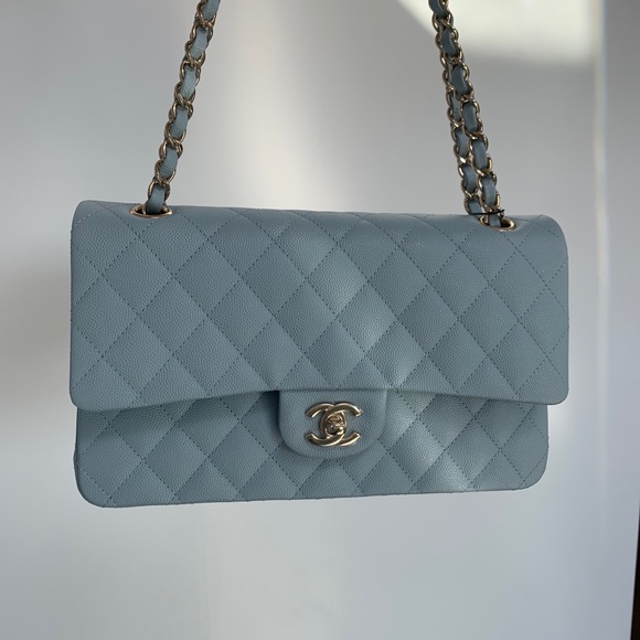 22P CHANEL Medium Classic Double Flap Bag Light Blue Caviar LGHW NWT - Picture 13 of 17